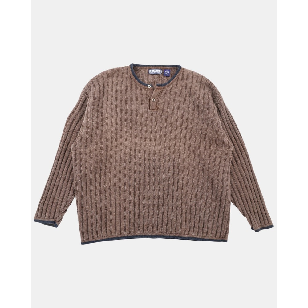 Vintage Structure Henley Sweater Men's XL Brown Ramie Cotton Heavy Knit Pullover